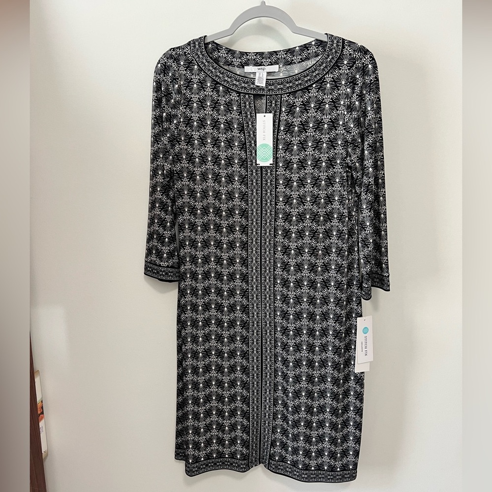 Wisp Stitch Fix Black White Geometric Printed Knit Shift Dress Size 6 NWT